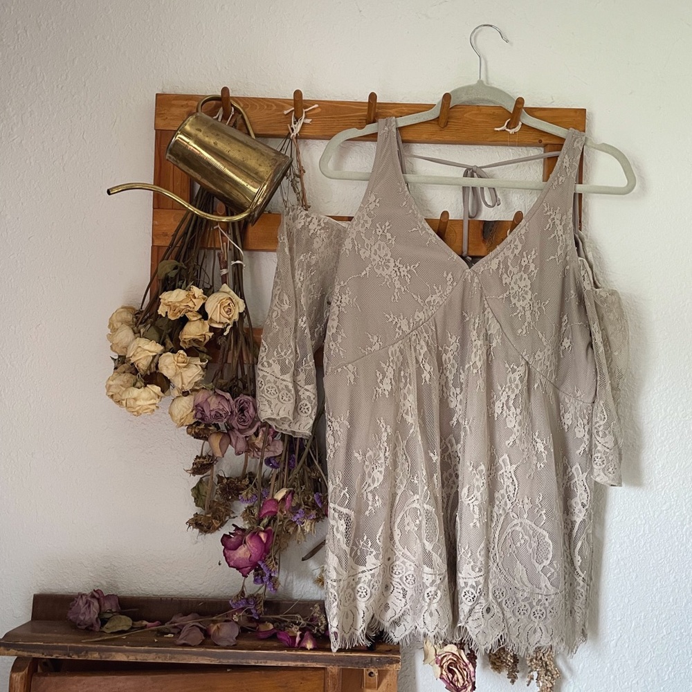 Tan Lace Cold Shoulder Top
